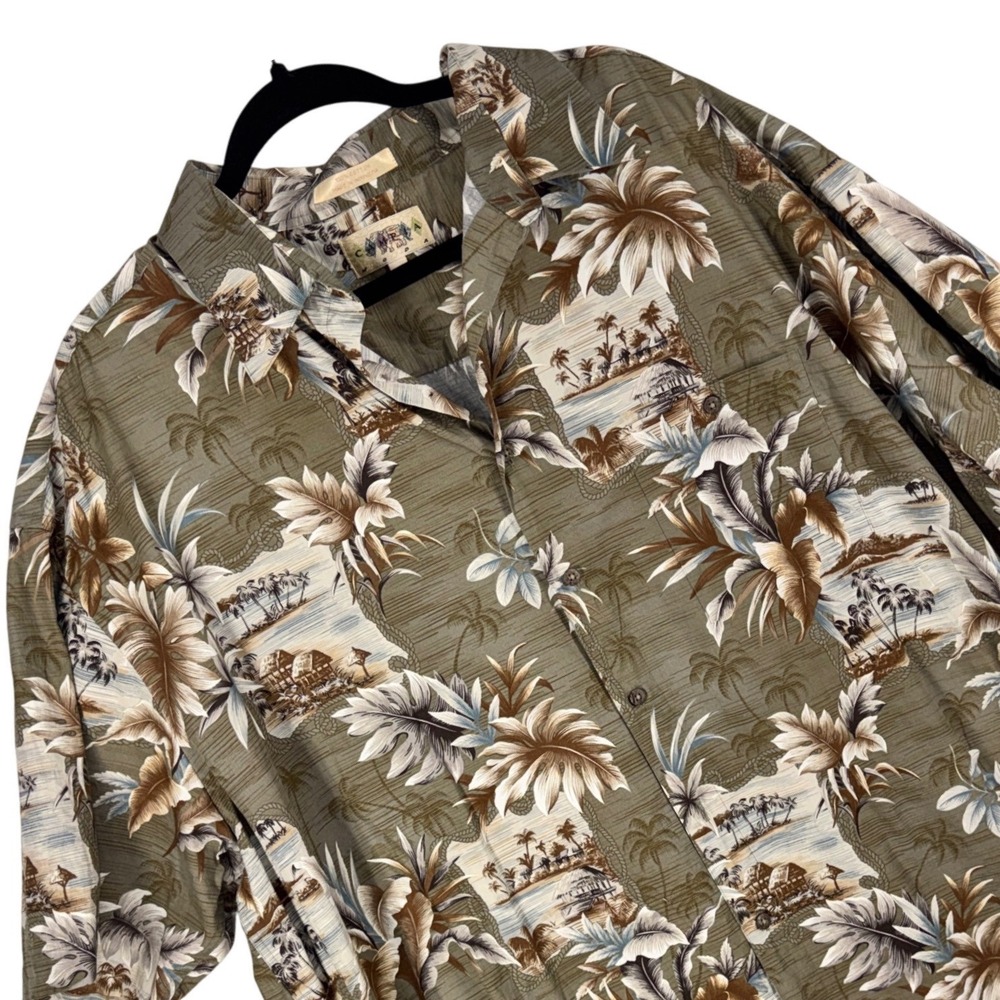 Campia Moda Mens 2XLT Tropical Island Palm Tree Print Cotton Camp Shirt Olive